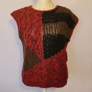 Lucia Women Size Small Red Black Chunky Sleeveless Ramie Blend Hand Knit Sweater